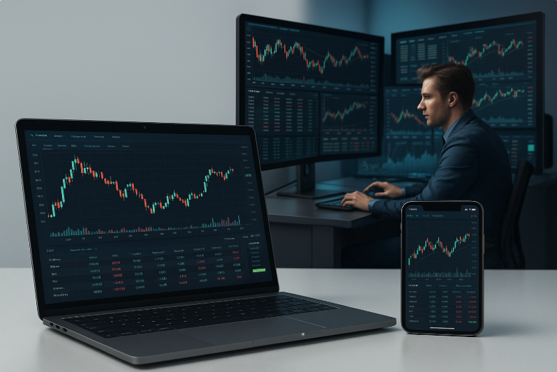 A laptop, smartphone, and multi-monitor trading workstation displaying- Right Line Trading