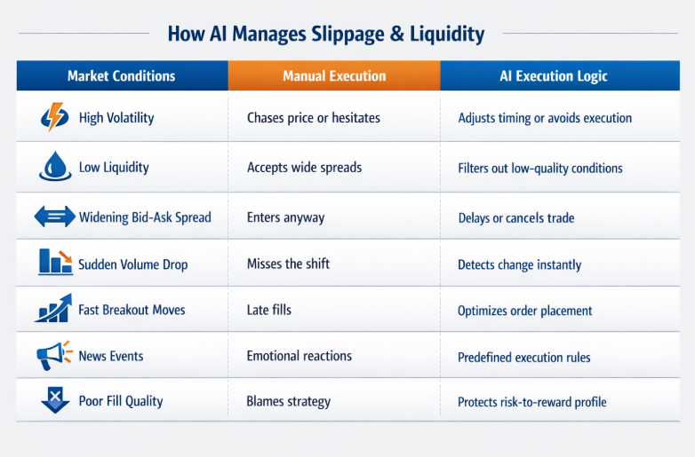 Comparison chart showing how AI execution logic manages slippage and liquidity.