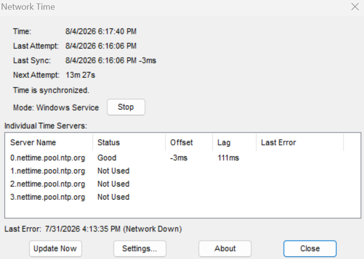 Network Time app showing the PC clock synchronized to atomic time